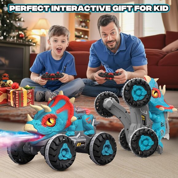 Remote Control Dinosaur Car Toy Blue Light Music Roar Spray RC Truck for Kids - Picture 6 of 7